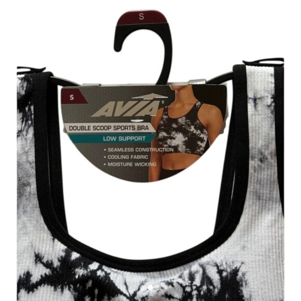 Avia Womens Double Scoop Sports Bra Black White Tie Dye Ribbed Low Support S - Picture 2 of 4